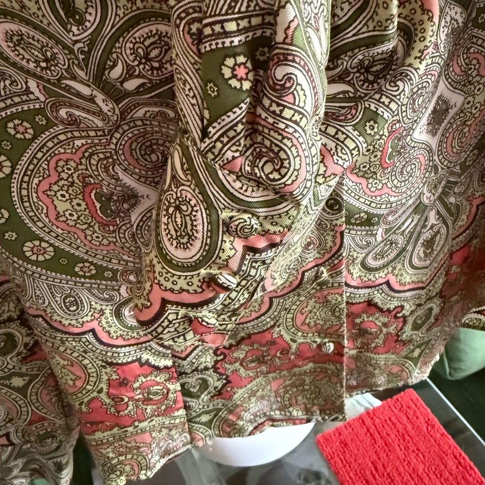 Ann Taylor Vintage SilkPaisley Button-Front Women’s Shirt Jacket - Coral & Olive - Picture 4 of 6